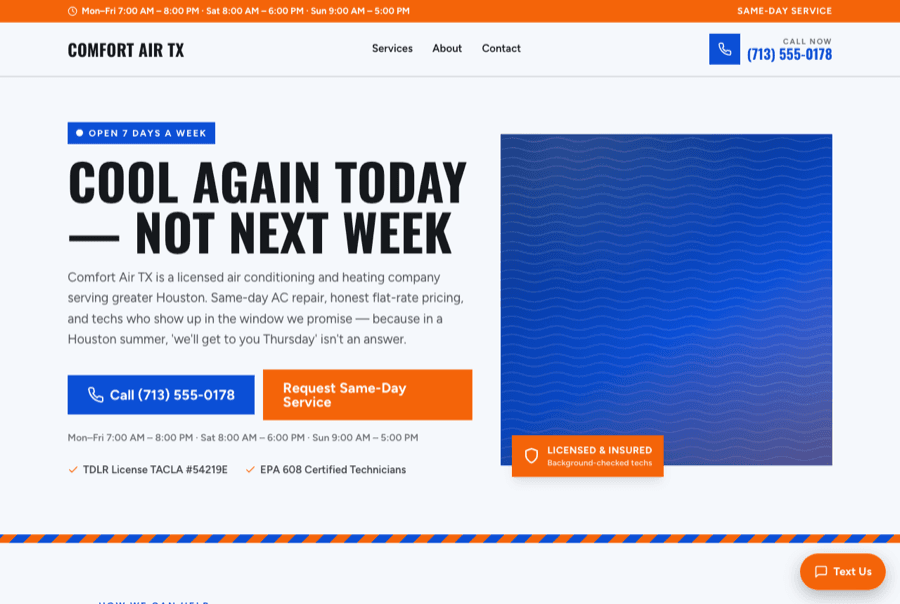 Comfort Air TX website, built by Bayena